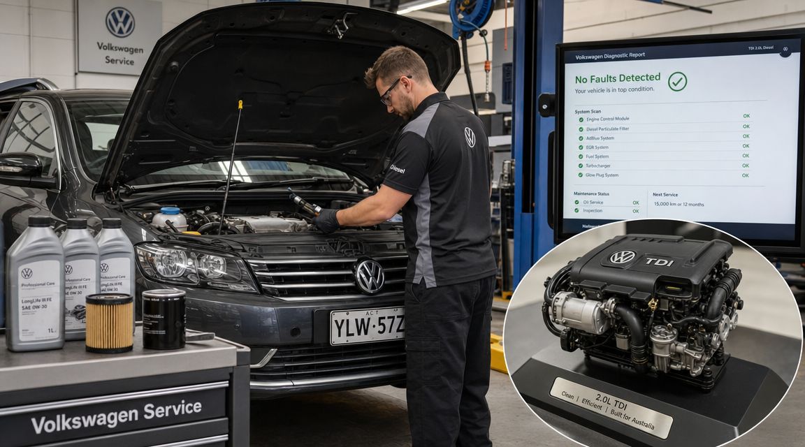 A Volkswagen technician performing a service on a modern diesel engine car with diagnostic reports displayed.