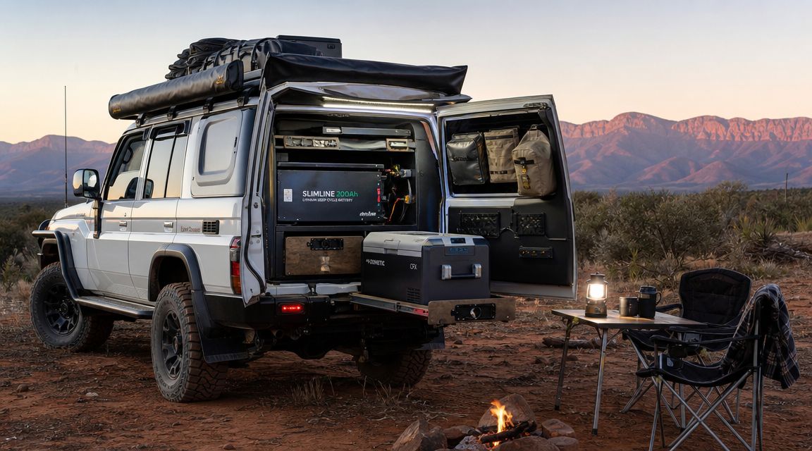 An off-road expedition vehicle with a slimline lithium battery 200Ah setup, parked near a campfire at sunset.