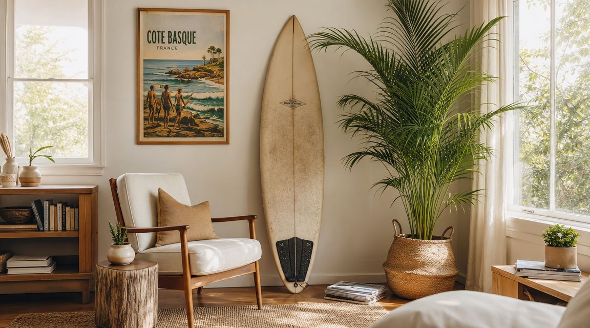 A coastal-inspired living room with a surfboard, a cozy armchair, and a large indoor palm plant.