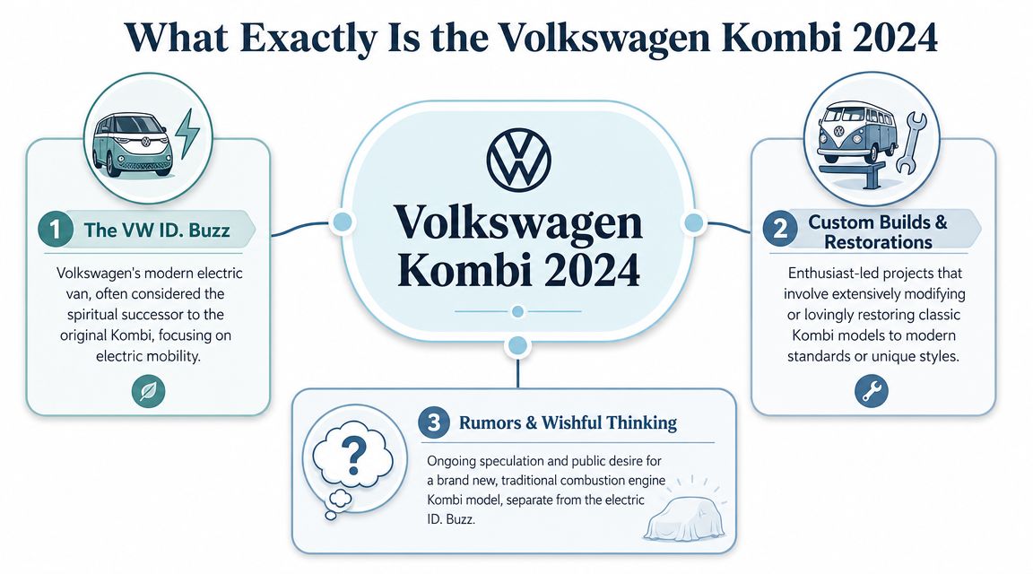 An infographic titled What Exactly Is the Volkswagen Kombi 2024 explaining the ID. Buzz, restorations, and rumors.