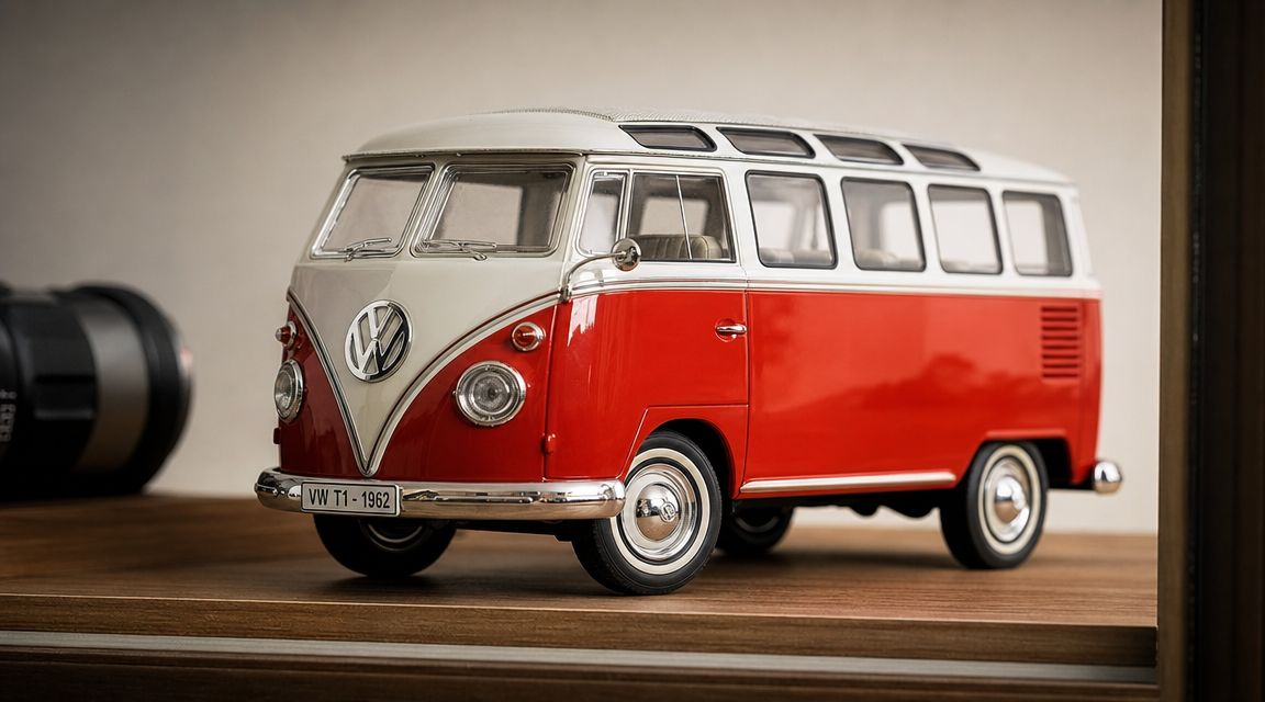 A detailed model of a red and white 1962 Volkswagen T1 camper van on a wooden surface.