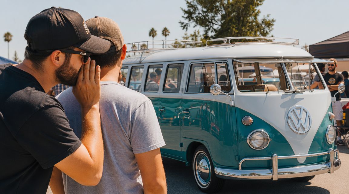Two men standing in front of a classic teal and white Volkswagen Kombi van at a car show.