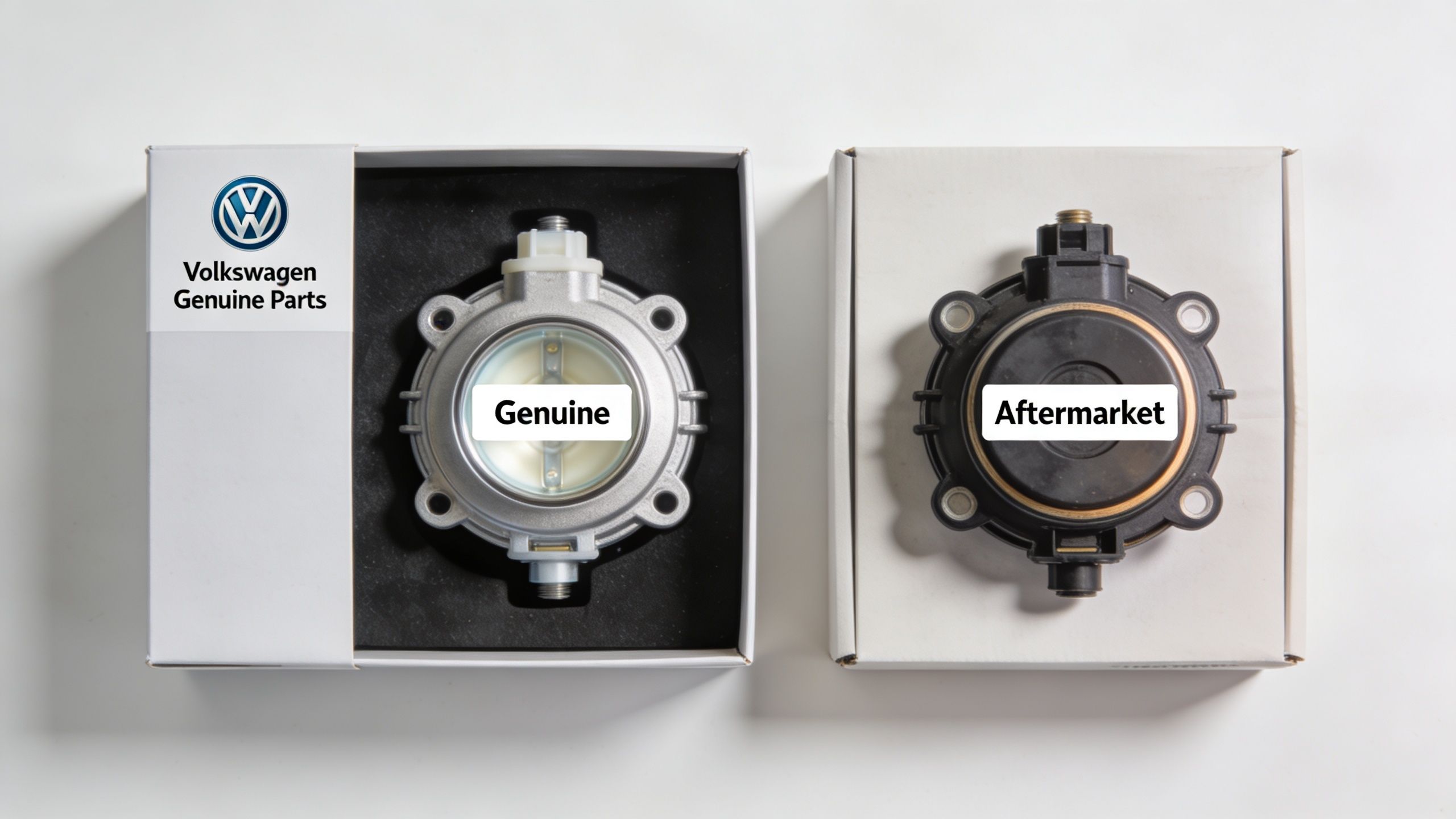 A side-by-side comparison showing a genuine Volkswagen automotive part versus an aftermarket replacement part in boxes.