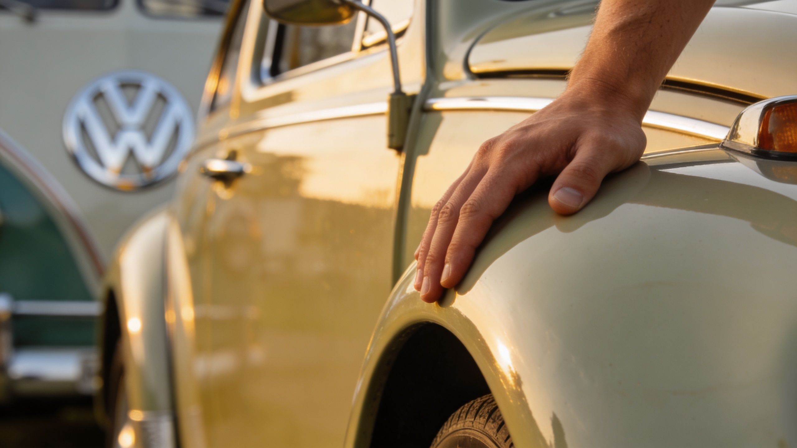 A close-up view of a person's hand resting on the smooth fender of a vintage Volkswagen car.