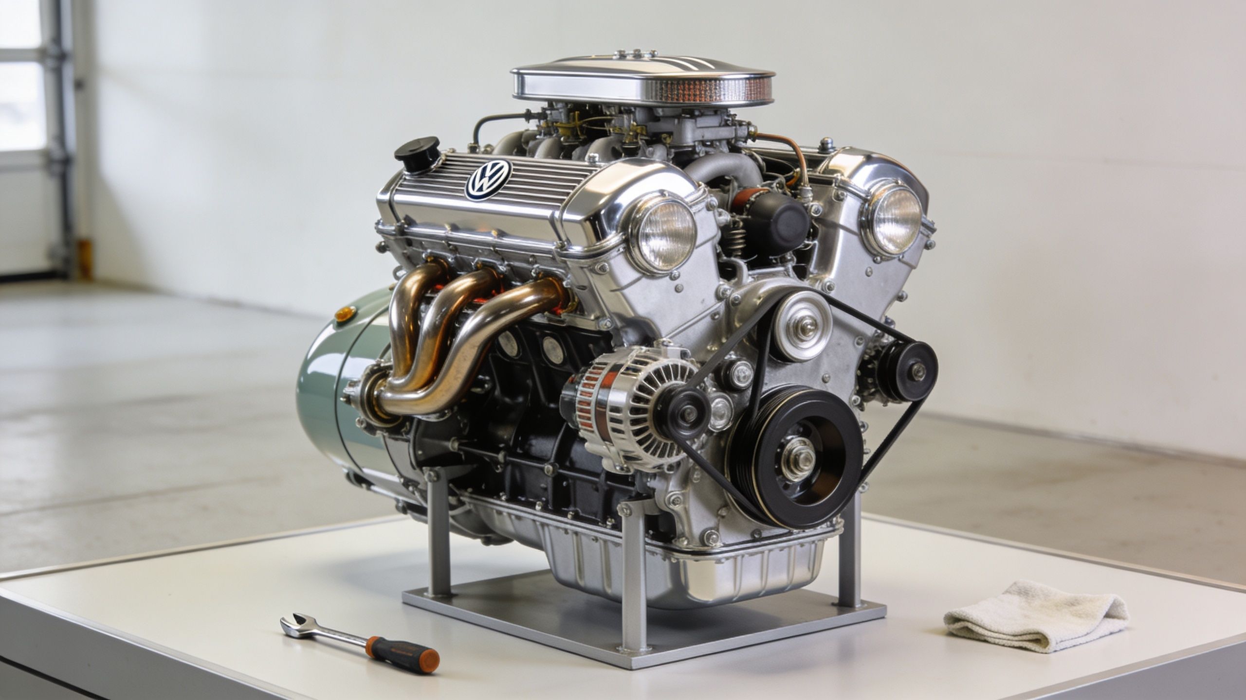 A chrome polished Volkswagen internal combustion engine displayed on a stand with a wrench and towel nearby.