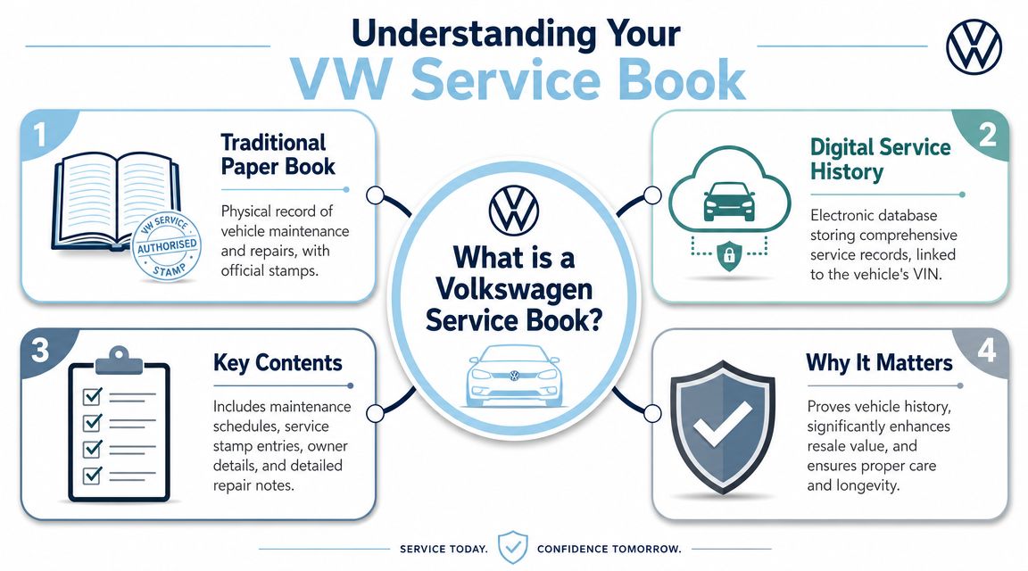 An infographic explaining the components and importance of a Volkswagen service book for vehicle maintenance and history.
