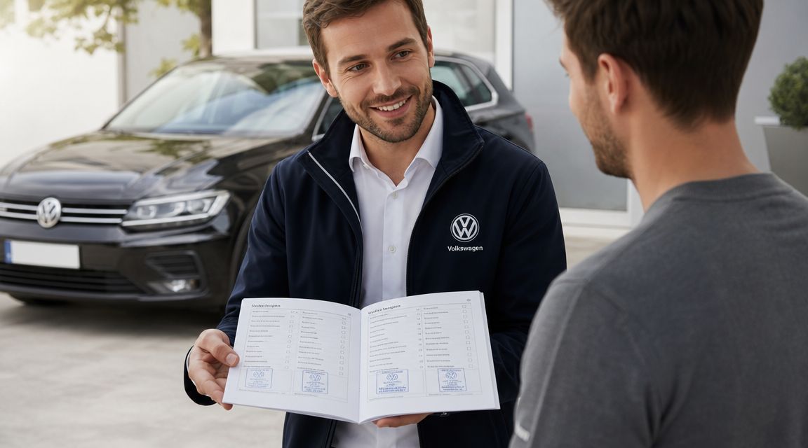 A smiling Volkswagen service representative holding an open service logbook for a customer near a car.