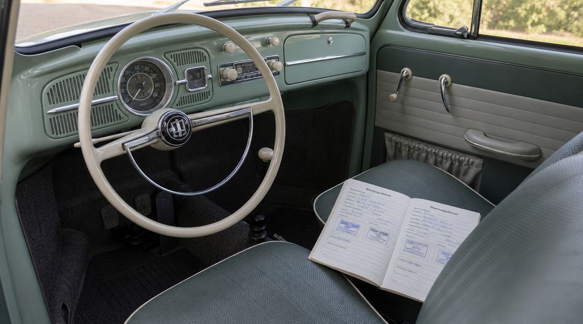 The interior of a vintage green Volkswagen Beetle featuring a service logbook resting on the passenger seat.