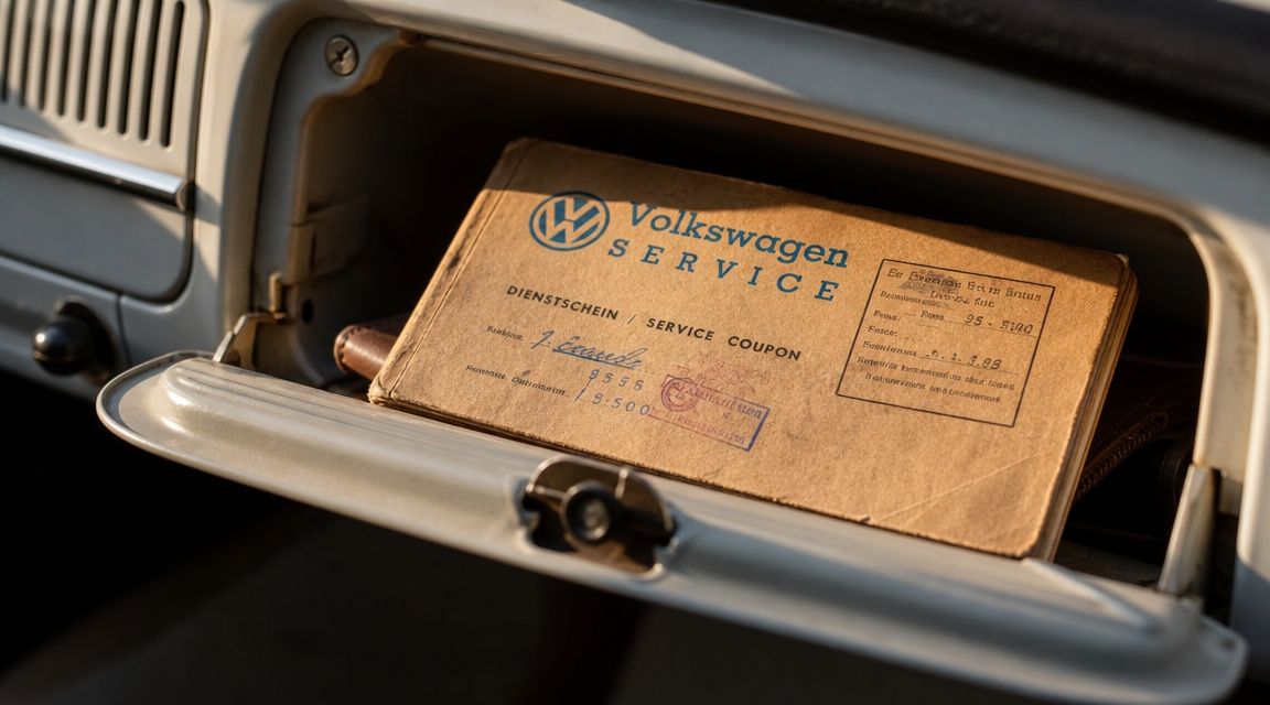 An antique Volkswagen service coupon booklet resting inside the open glove compartment of a vintage car.