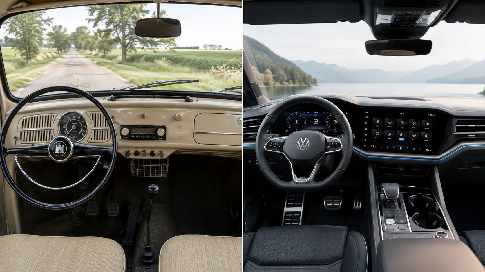 A split view comparing the vintage, minimalist dashboard of a classic Volkswagen Beetle with a modern luxury car interior.