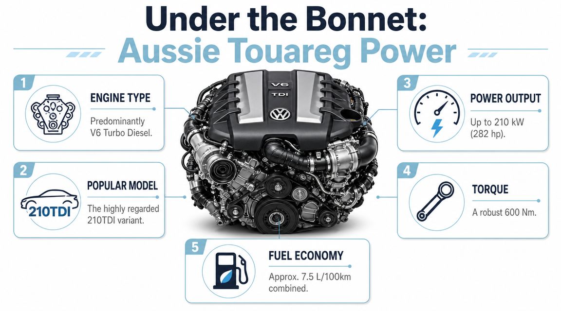 A detailed infographic showing technical specifications of a Volkswagen Touareg V6 turbo diesel engine.