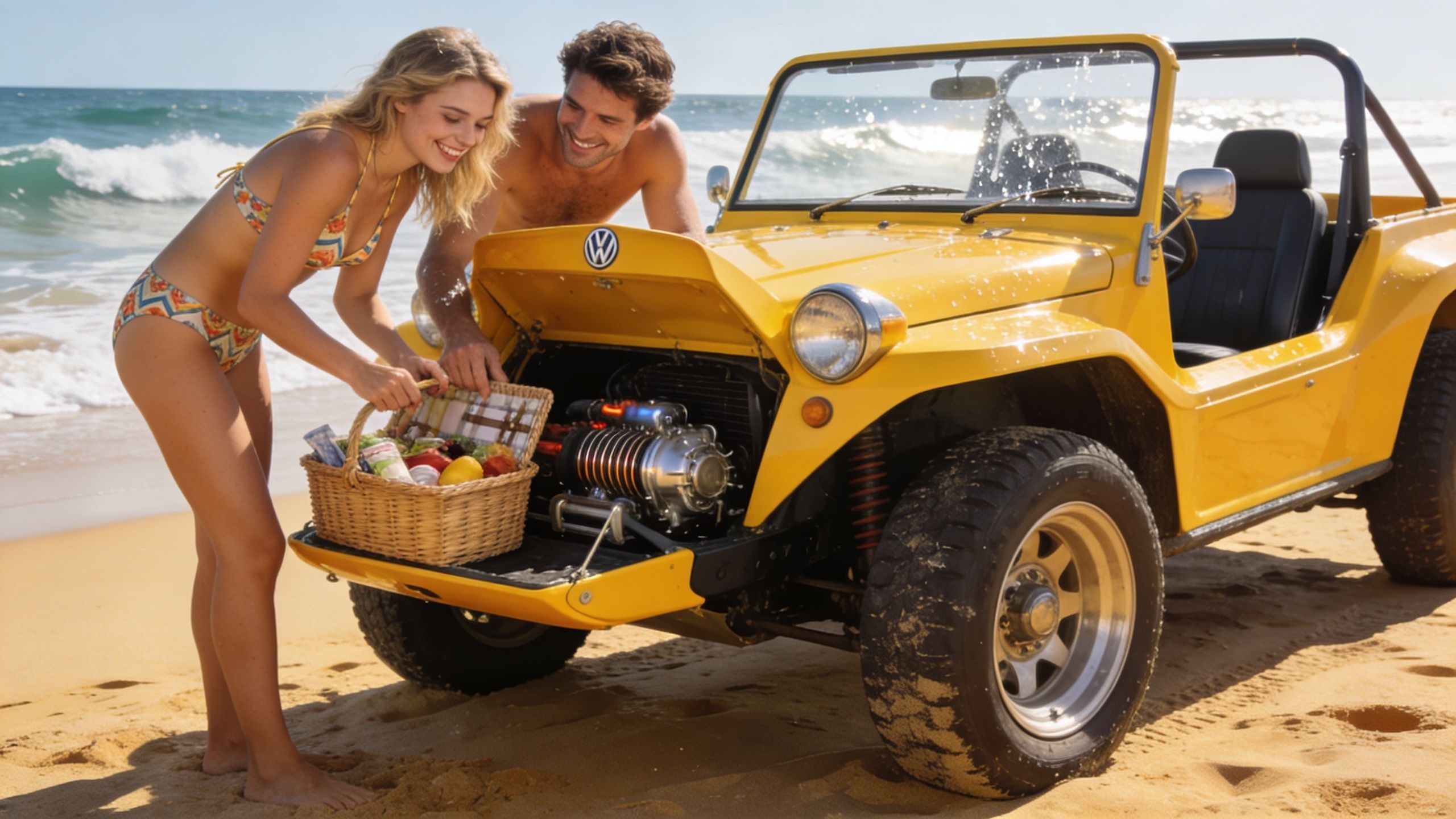 A happy couple standing by a yellow Volkswagen beach buggy on a sunny sandy beach with a picnic basket.