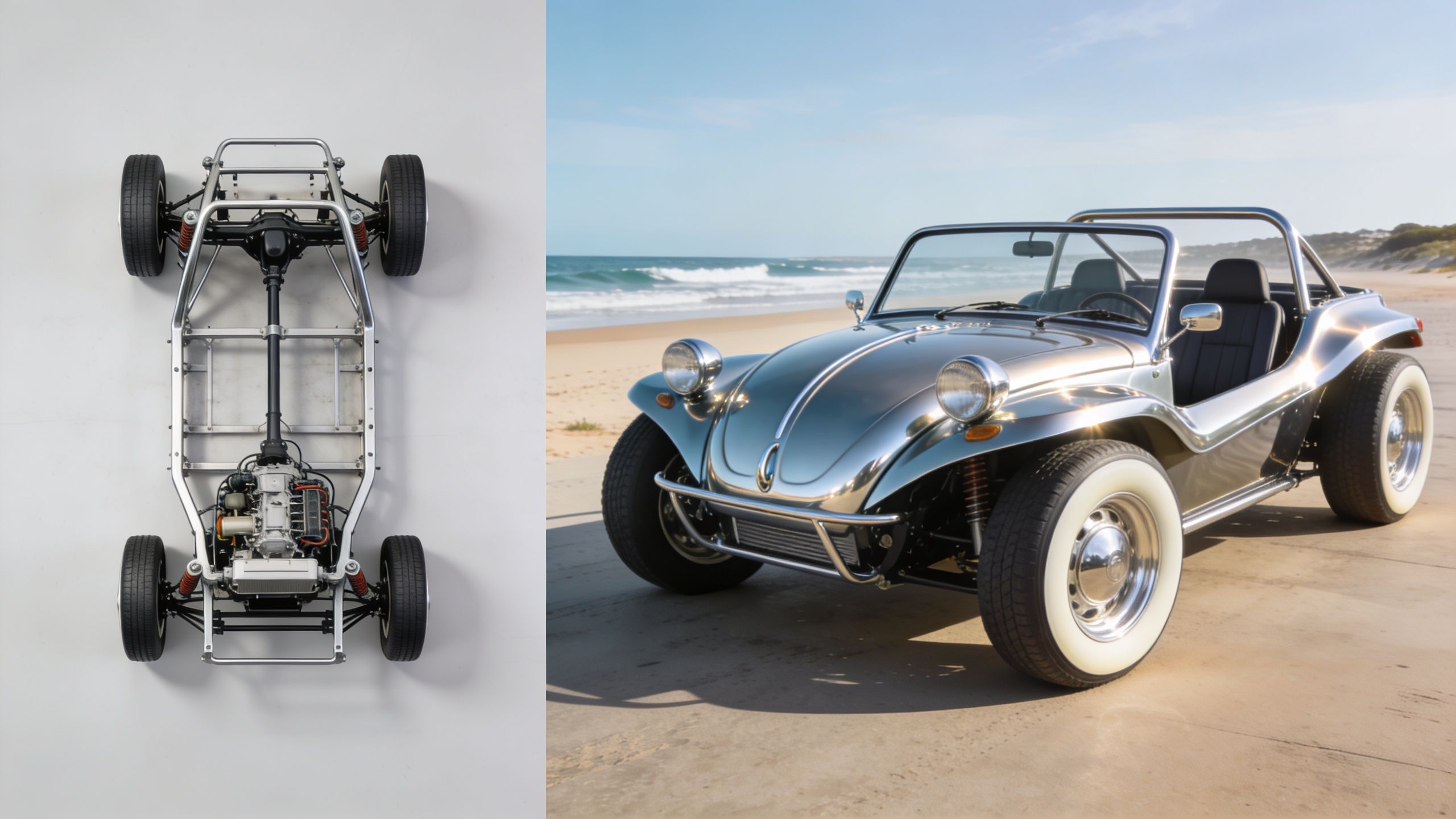 A split image showing a silver VW beach buggy chassis on the left and the finished vehicle parked on a beach.