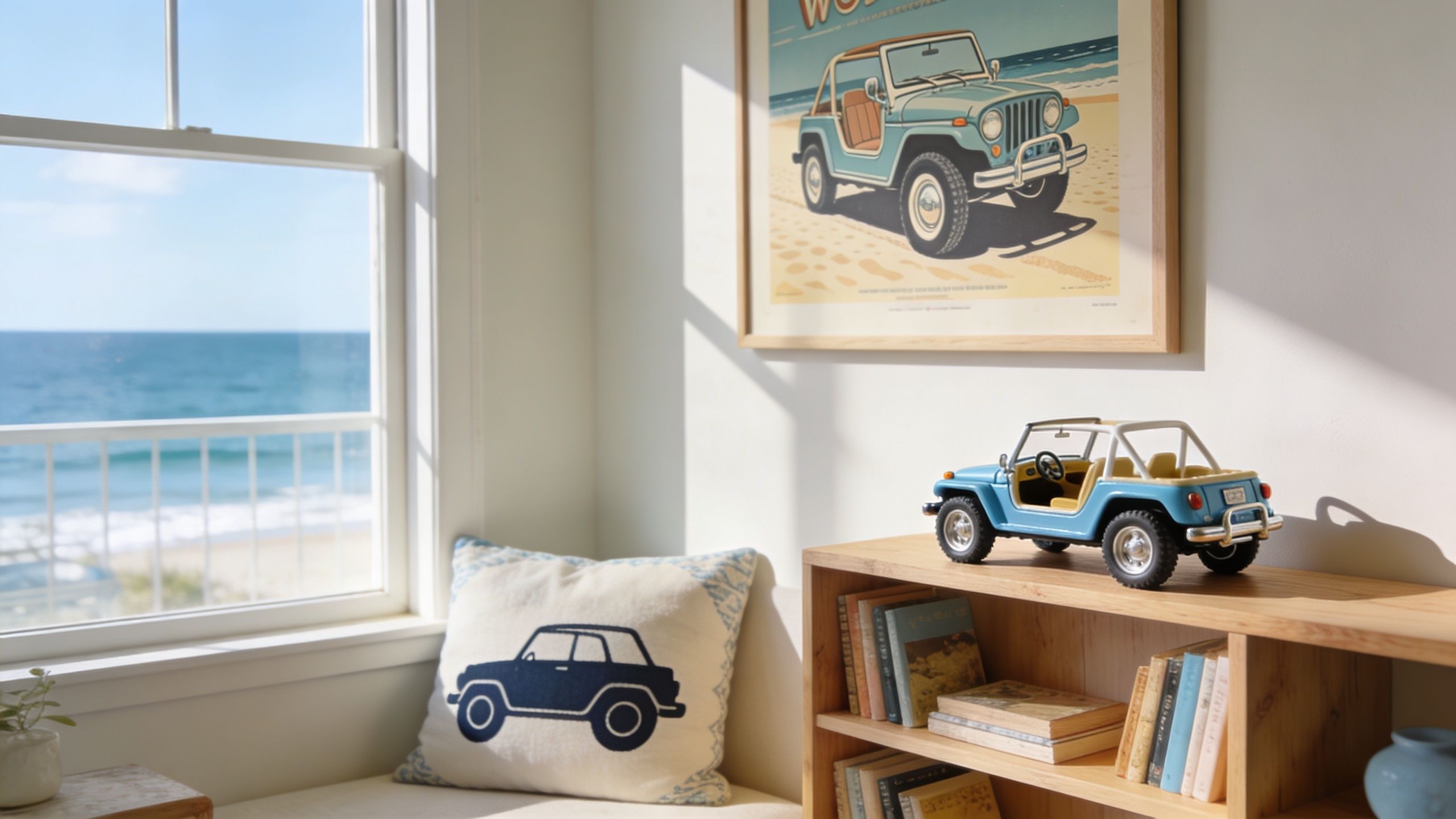 A sunny coastal room featuring a toy VW beach buggy, car-themed decor, and a beautiful ocean view.