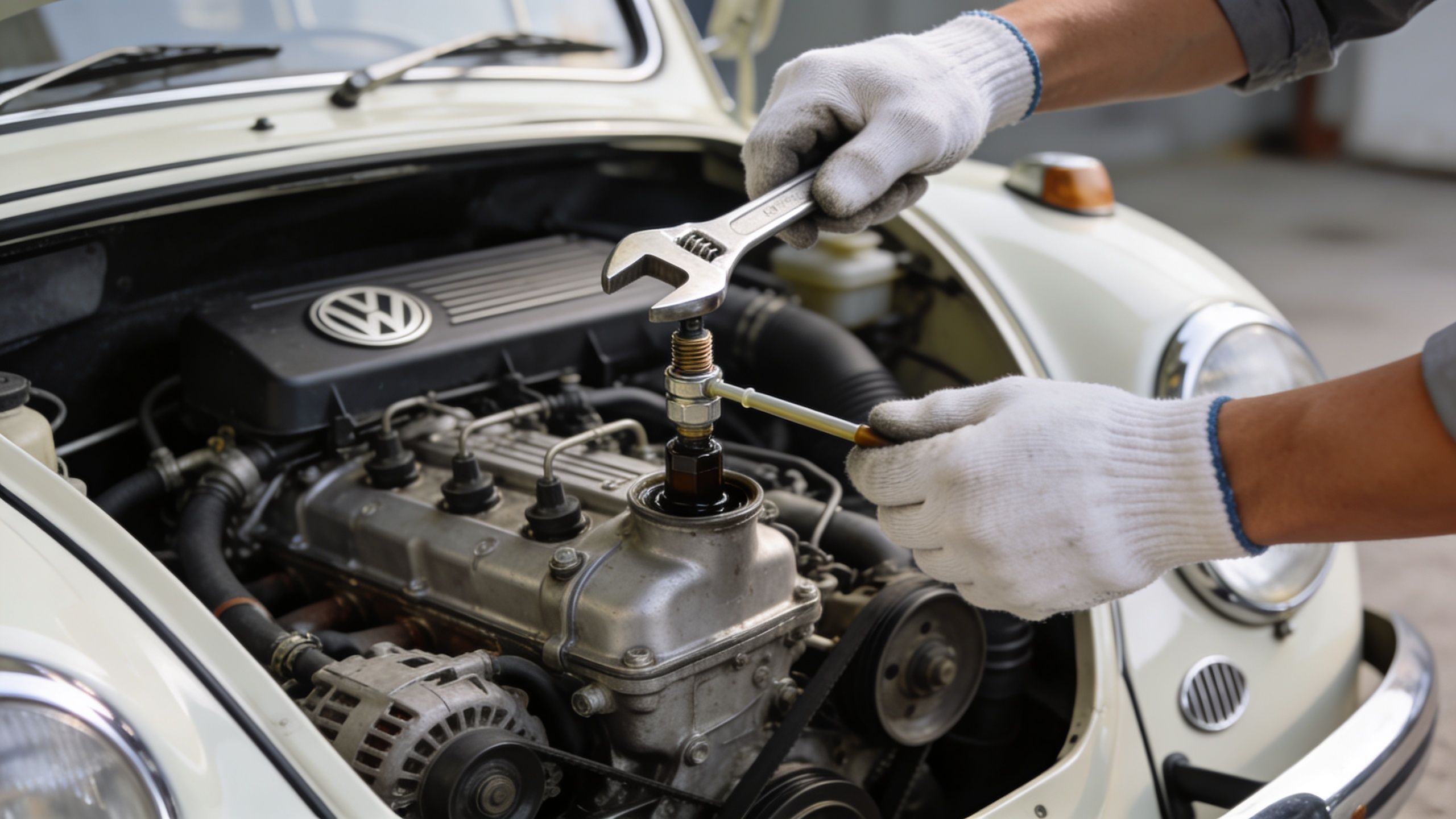 A mechanic wearing white gloves uses a wrench to work on a vintage Volkswagen Beetle engine.