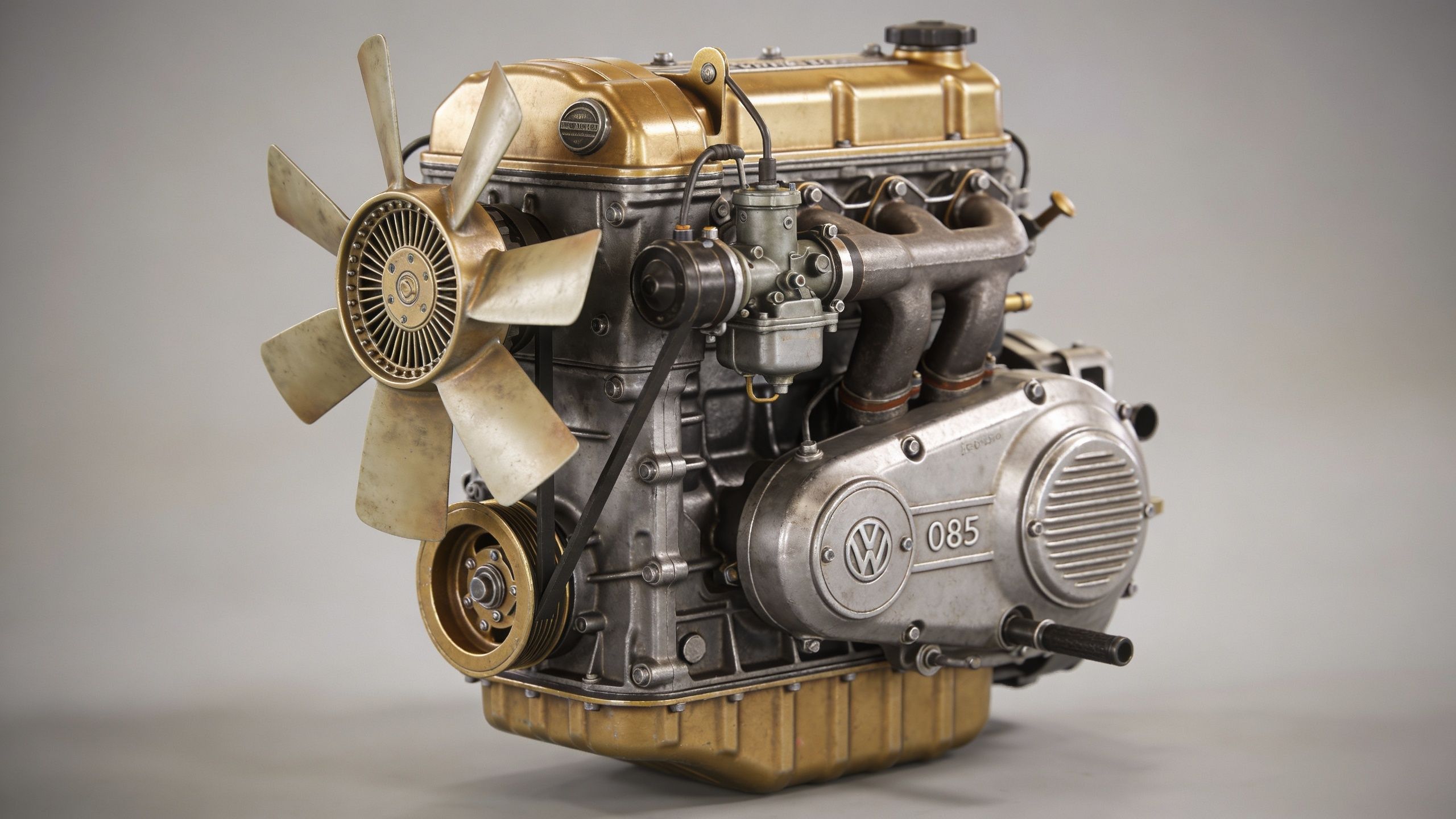 A vintage Volkswagen engine with gold accents and a large cooling fan against a gray background.