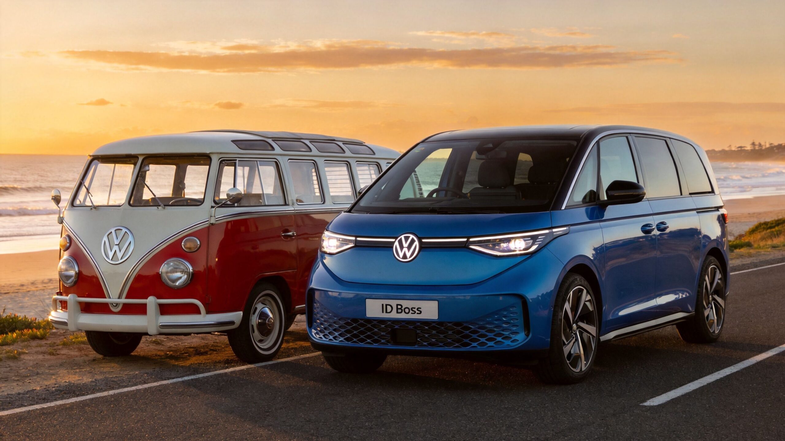 A classic red and white Volkswagen microbus parked next to a modern blue Volkswagen ID. Buzz van.