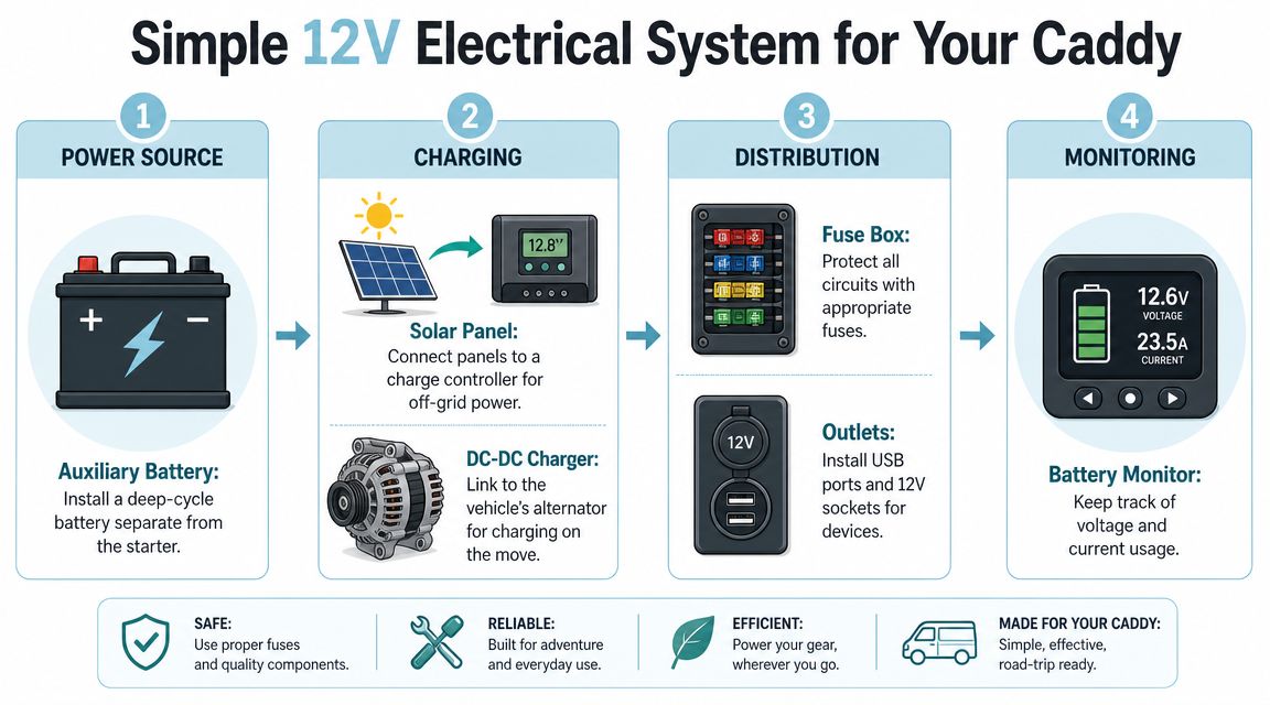 An infographic showing the four components of a simple 12V electrical system for a VW Caddy camper van.