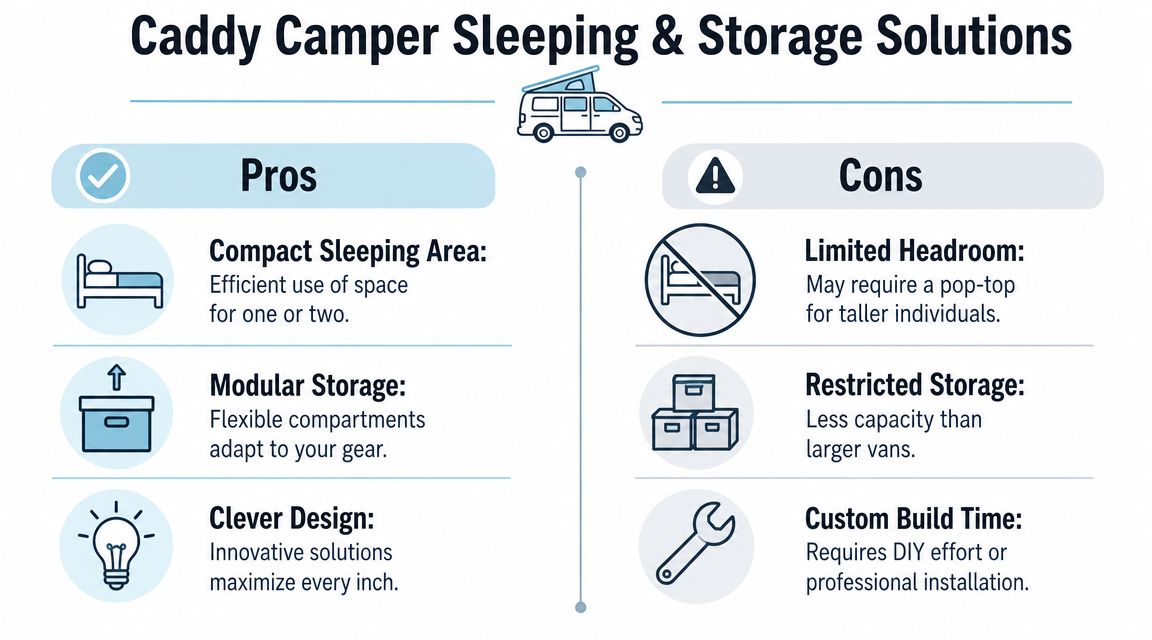 A comparison infographic showing the pros and cons of Volkswagen Caddy camper sleeping and storage solutions.