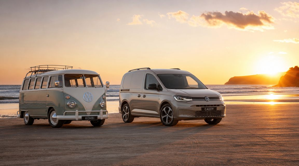 A classic vintage Volkswagen Kombi van parked next to a modern Volkswagen Caddy van on a sandy beach.