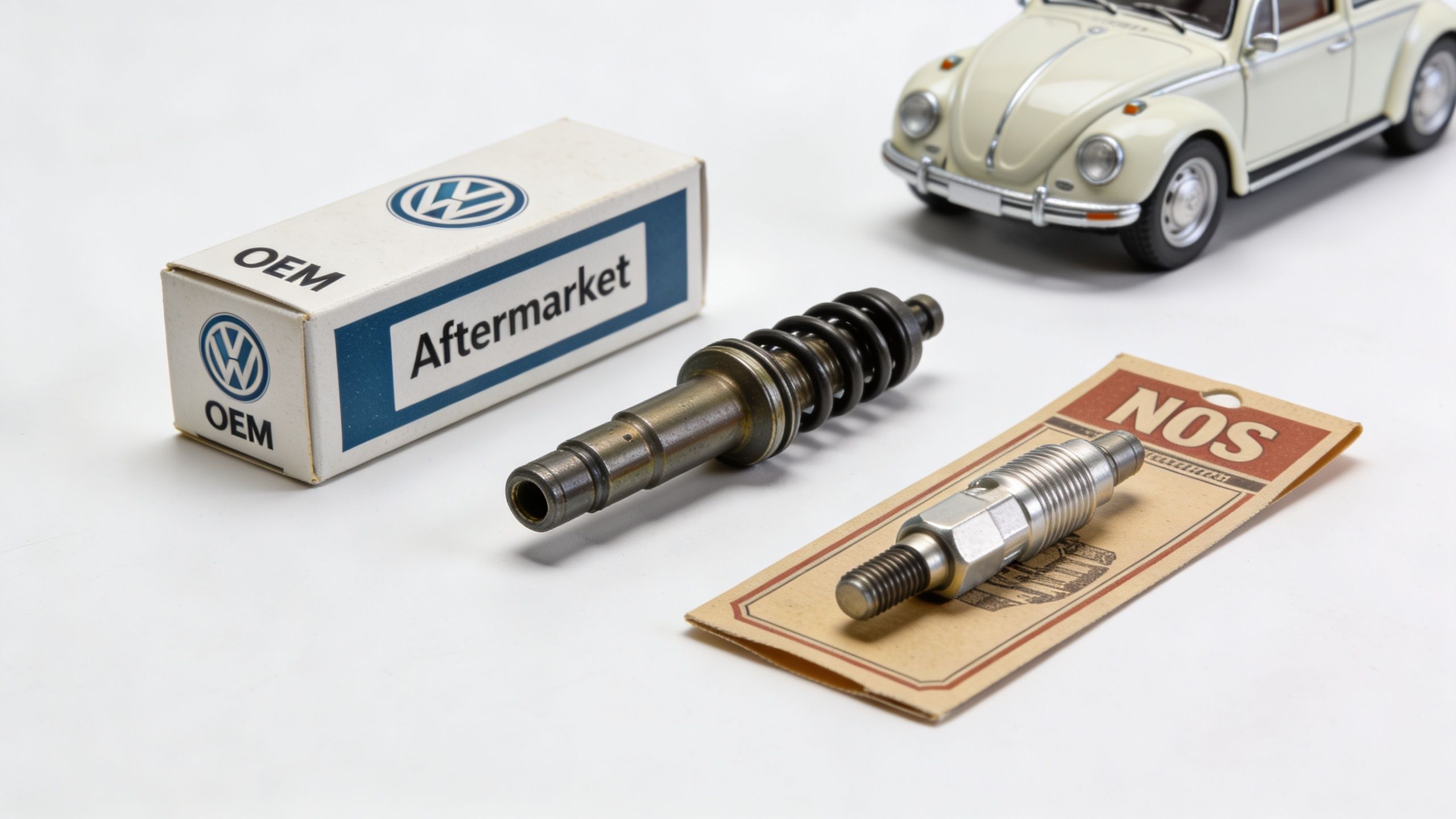 Automotive engine components displayed alongside a vintage Volkswagen toy car and branded packaging boxes.