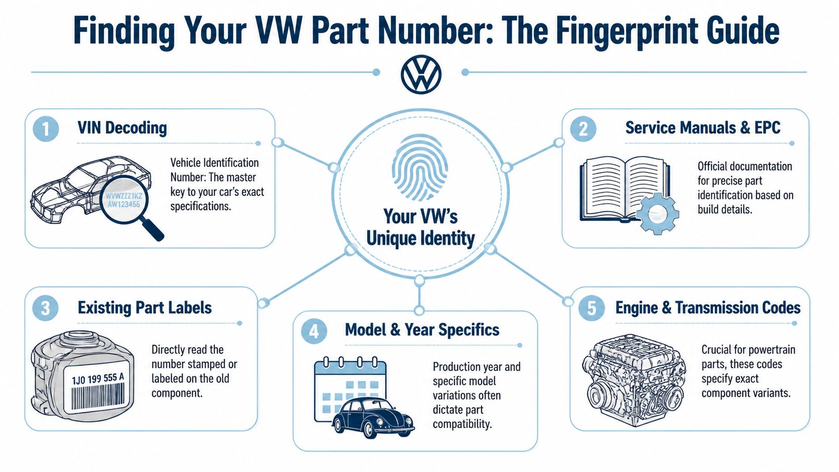 An infographic titled Finding Your VW Part Number explaining five methods to identify Volkswagen automotive parts.