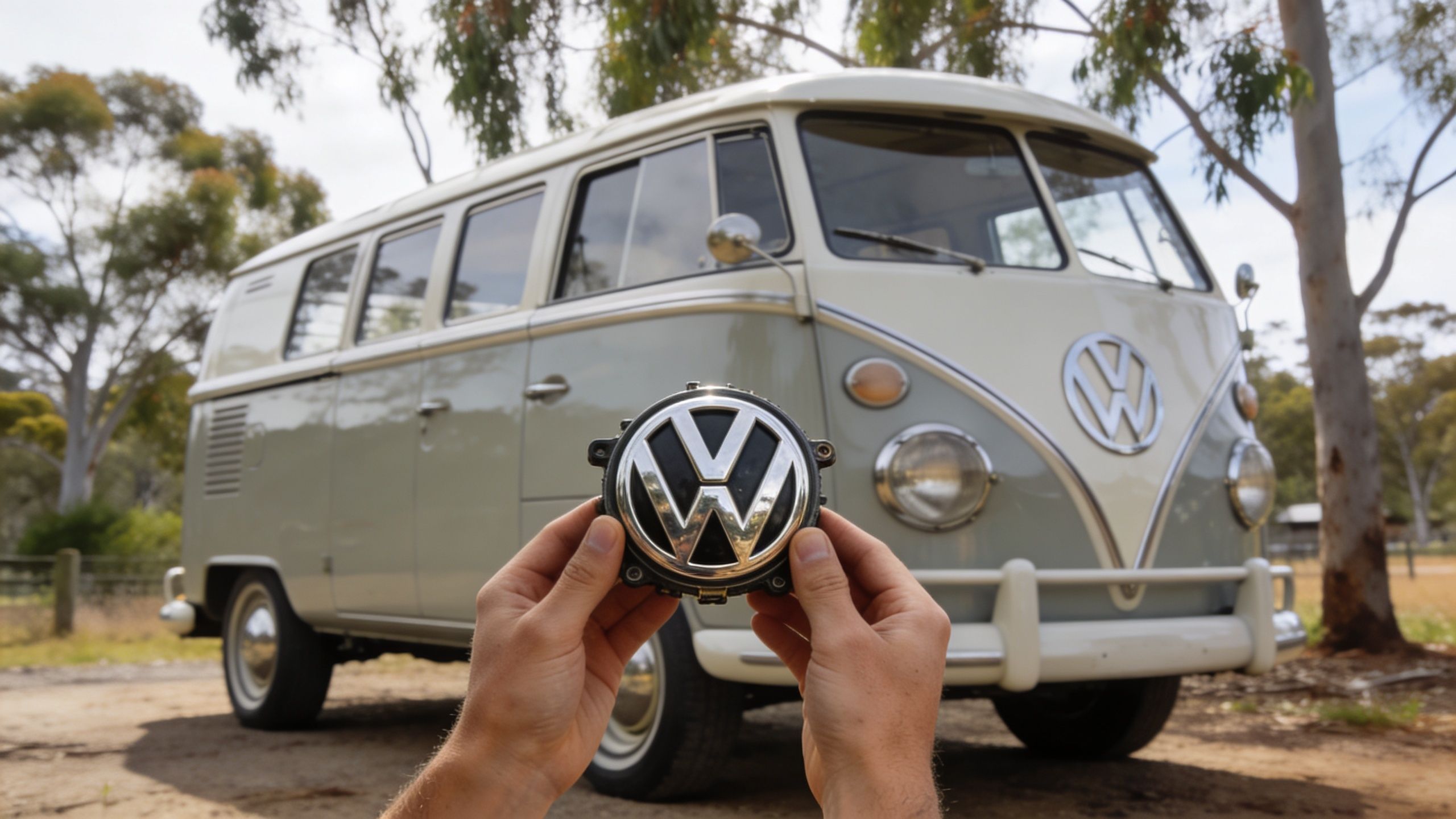 A person holds a vintage Volkswagen emblem in front of a classic beige and white VW bus.