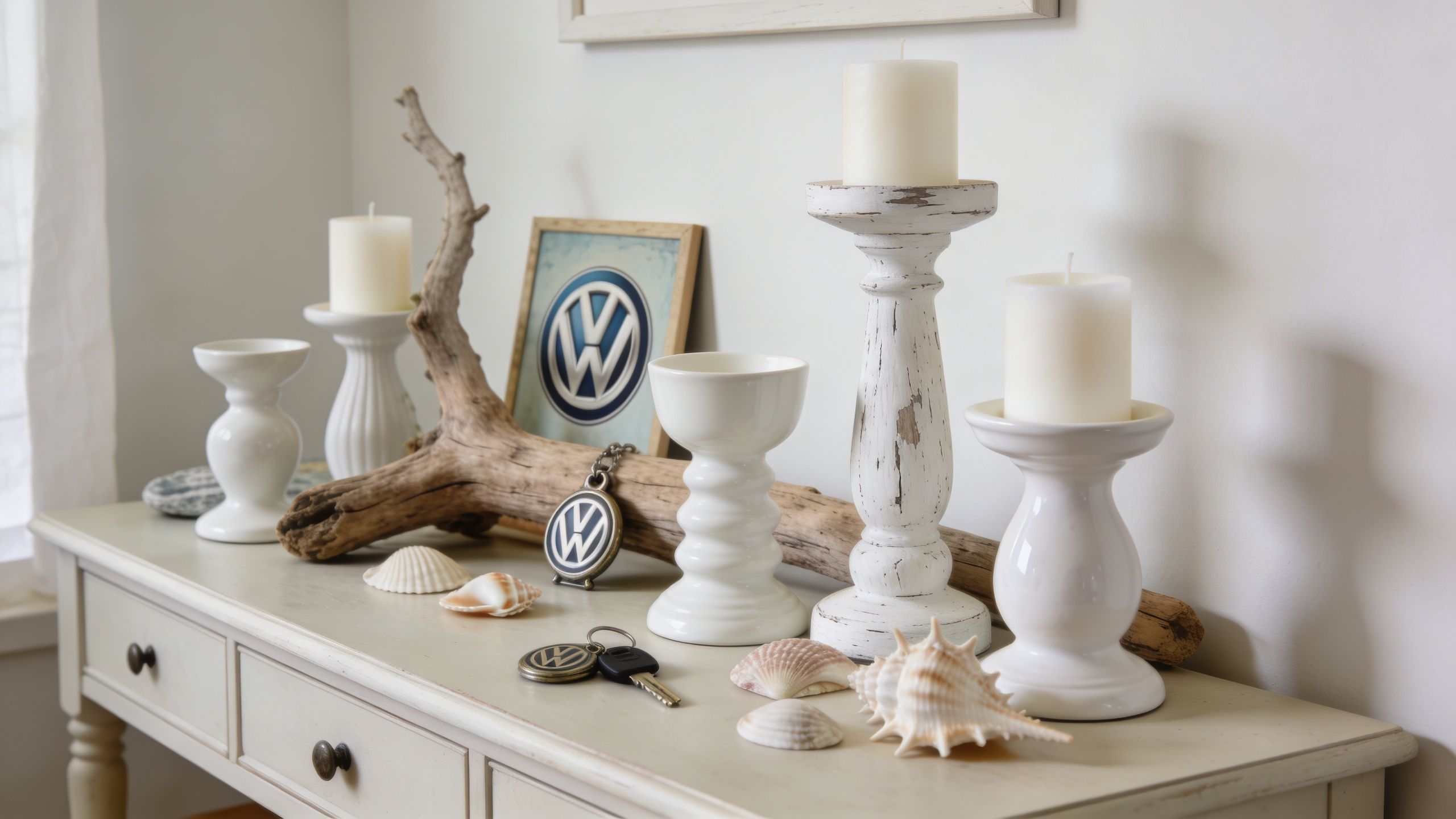 A rustic coastal console table featuring white candle holders, seashell decorations, driftwood, and Volkswagen branded items.