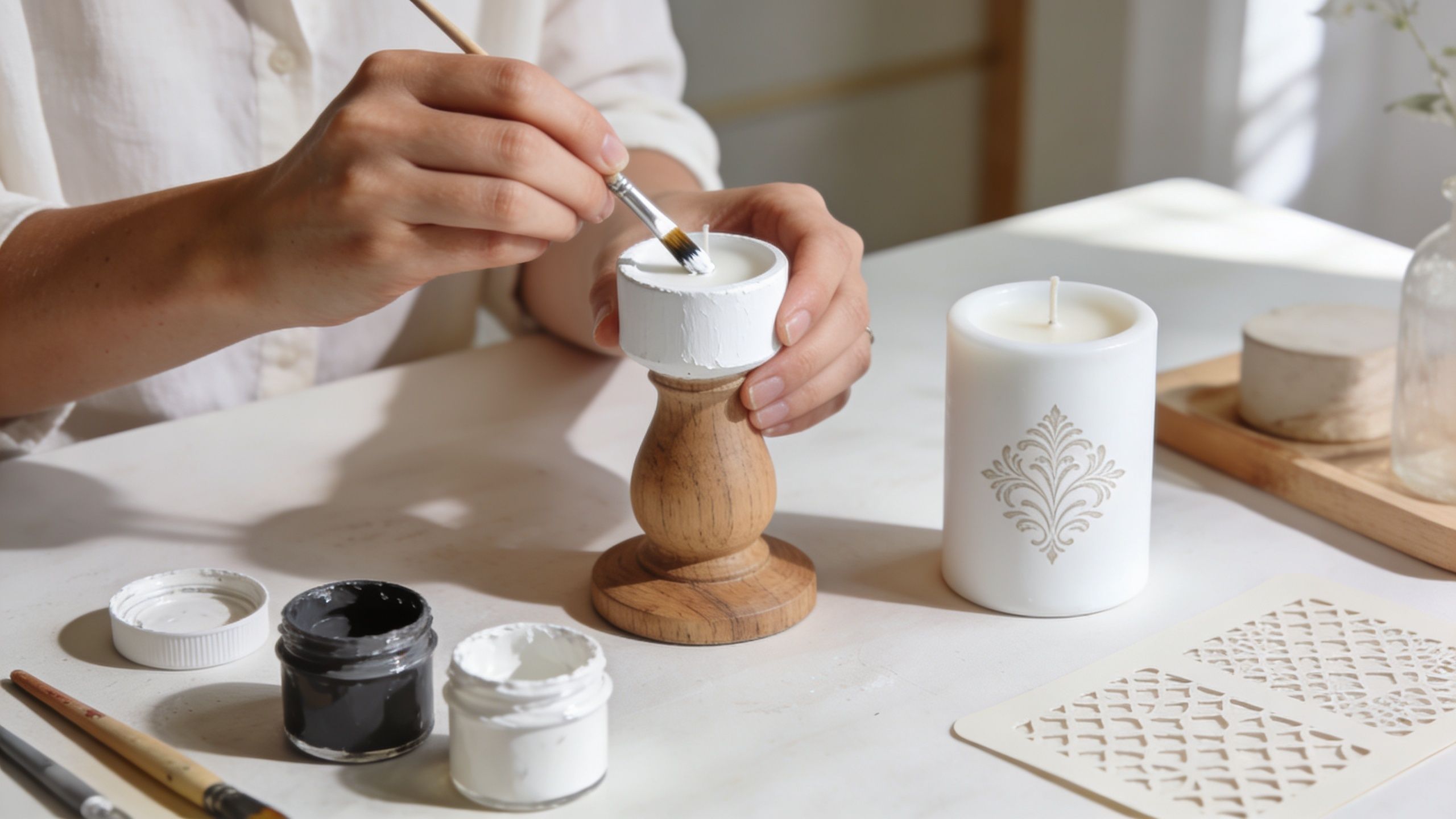 A person paints the rim of a small wooden candle holder with white paint at a crafting table.