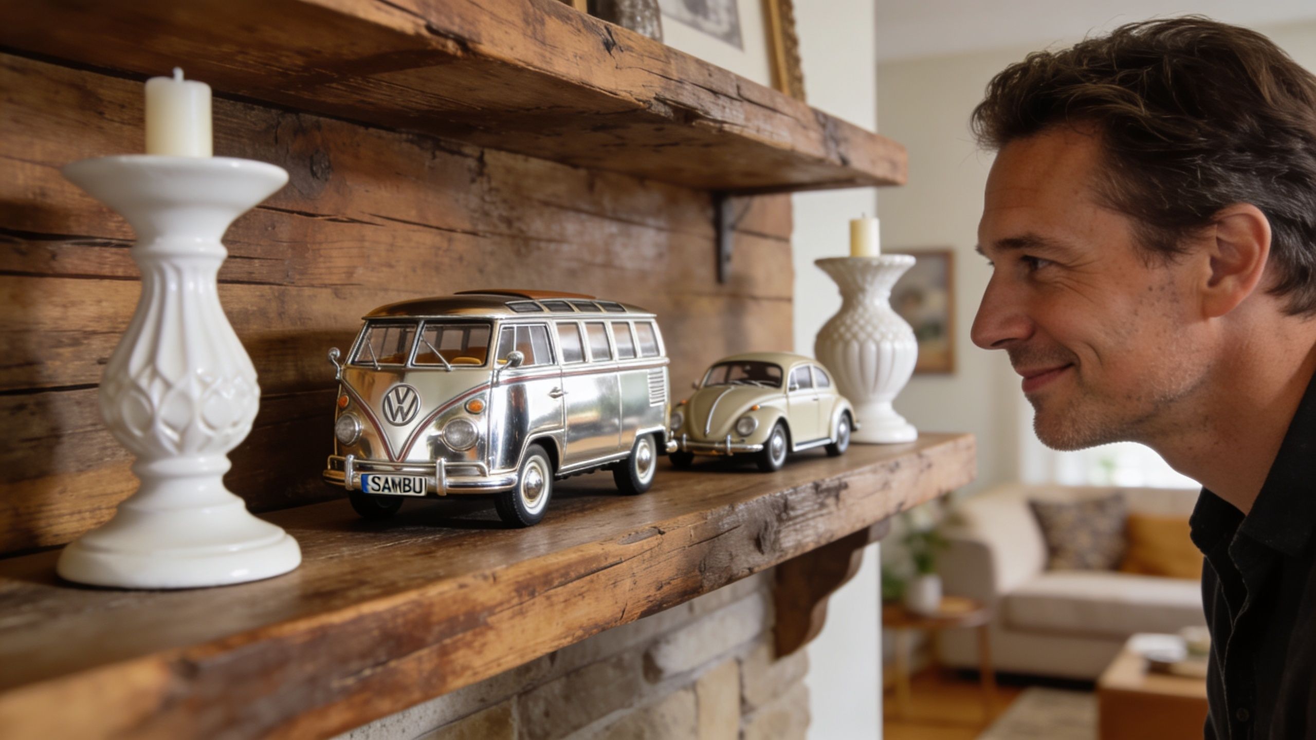 A man smiling at two miniature vintage Volkswagen toy cars displayed on a rustic wooden mantelpiece.
