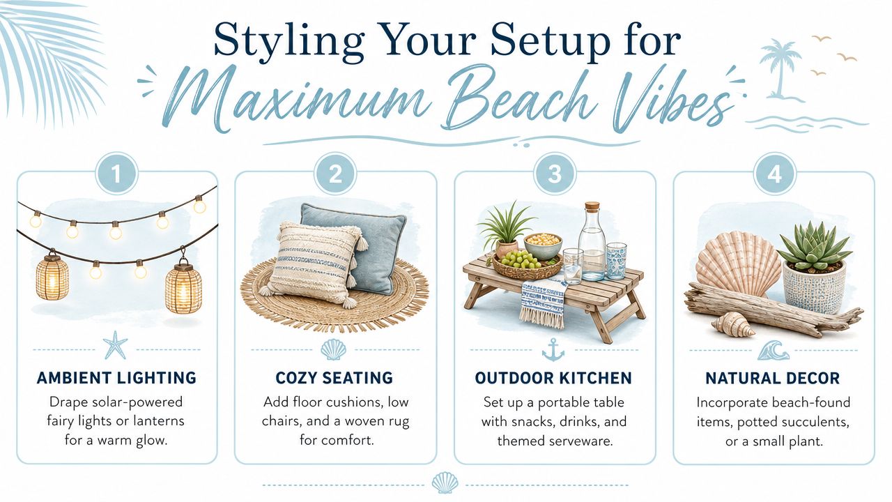 A guide for creating a cozy beach-themed outdoor setup with lighting, seating, snacks, and natural decor.