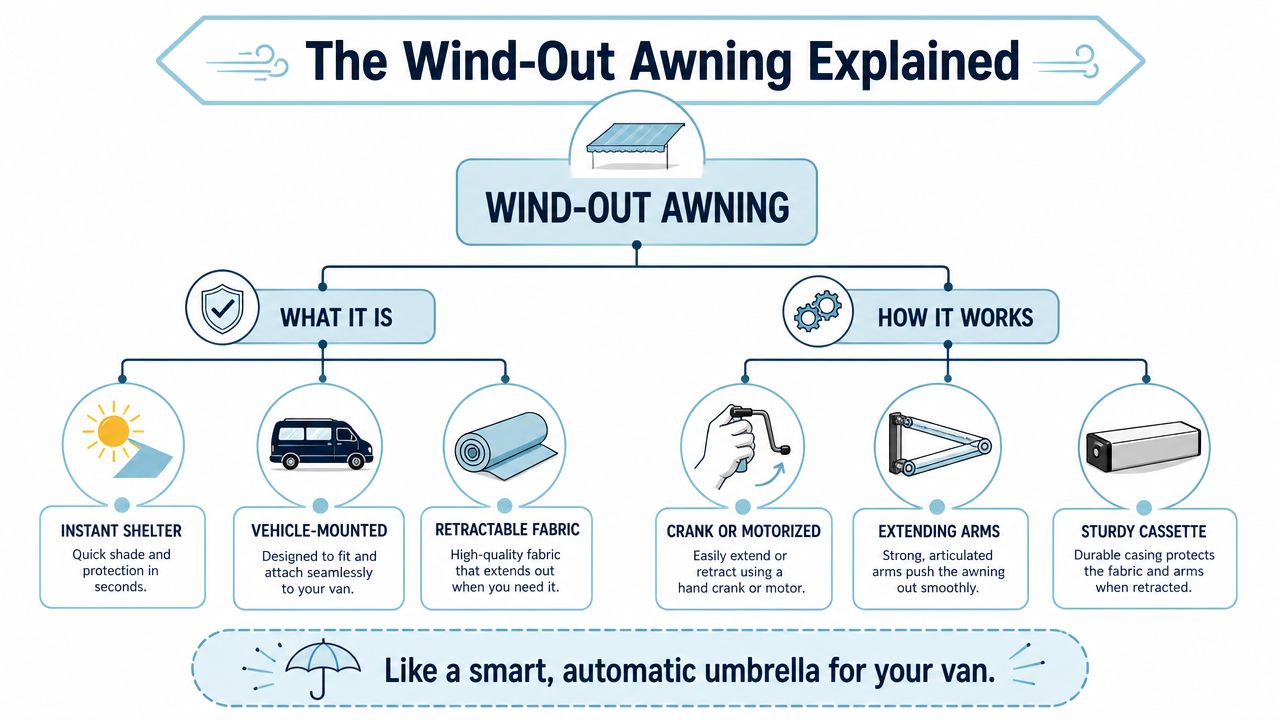 An infographic explaining how wind-out awnings function as retractable, vehicle-mounted shelter systems for campervans and vans.