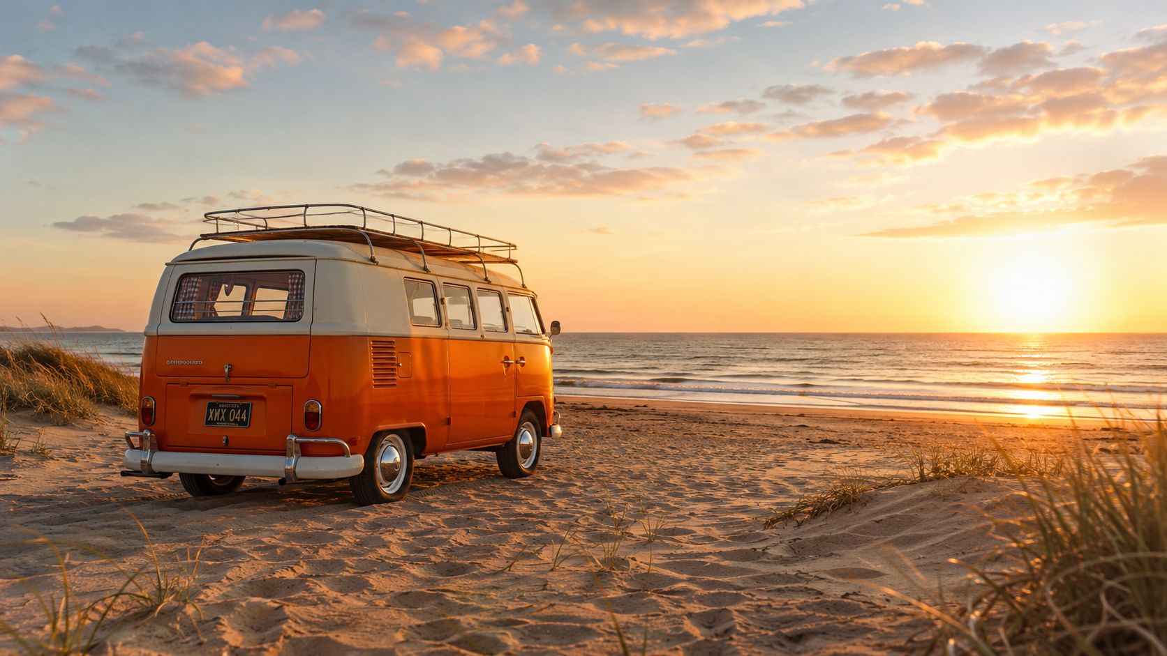 A classic orange and white vintage Volkswagen bus parked on a sandy beach during a beautiful golden sunset.