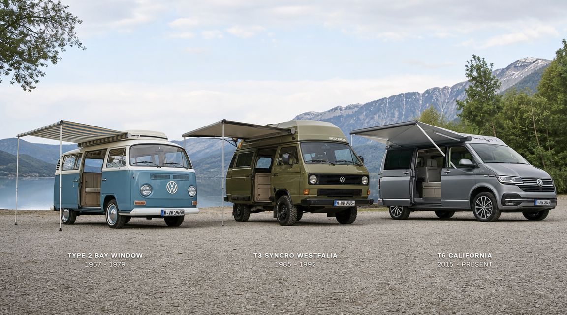 Three generations of Volkswagen camper vans parked side by side with their wind out awnings extended by a lake.