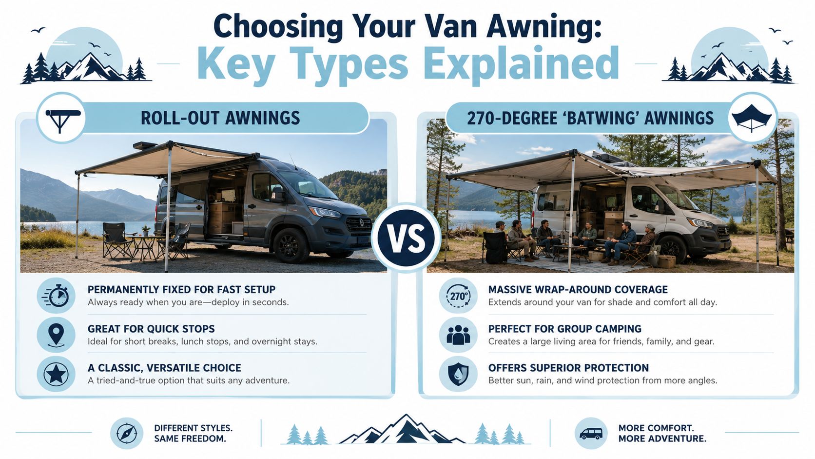A comparison infographic showing roll-out awnings versus 270-degree batwing awnings for camper van camping setups.