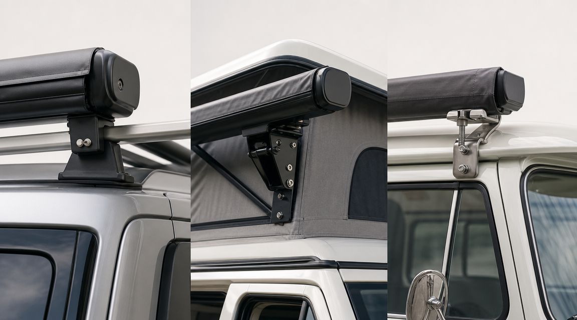 A composite image showing three different mounting methods for vehicle roof awnings on various van models.
