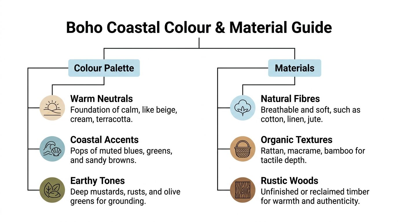 A boho coastal interior design guide outlining a colour palette and natural materials for home decor.