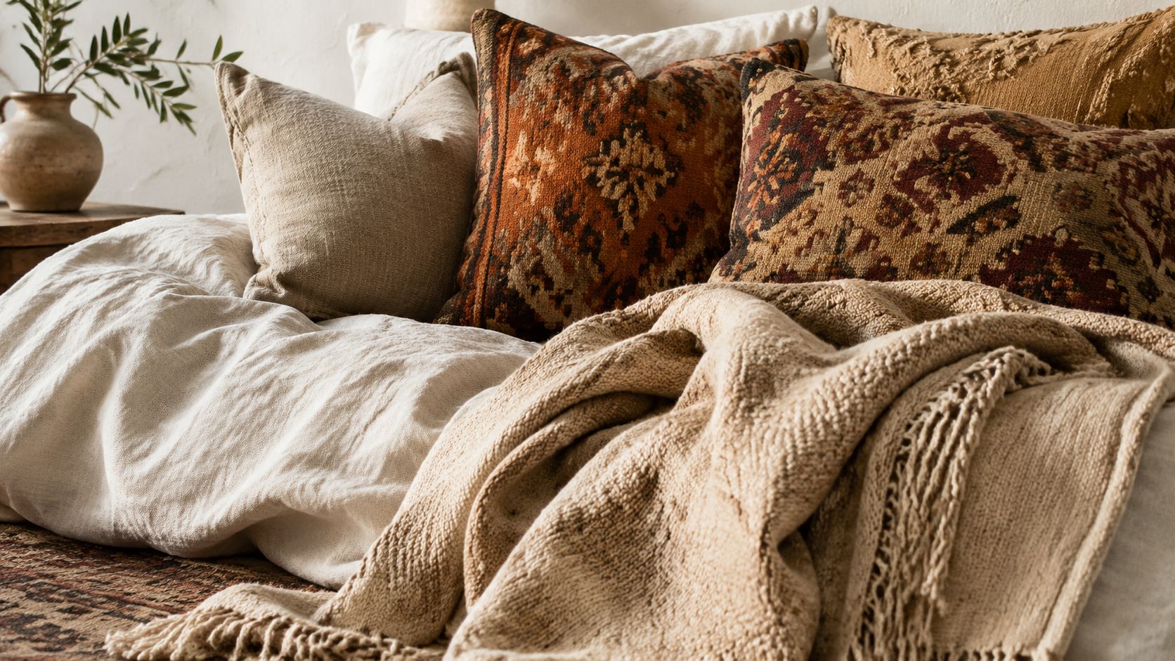 A cozy bedroom with textured beige linens, a knitted throw, and patterned earth-toned accent pillows.