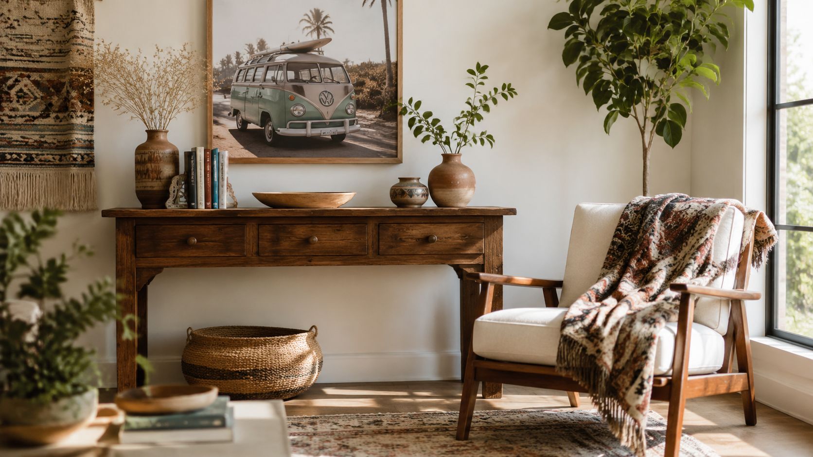 A cozy bohemian chic living room featuring a wooden console table, a cream chair, and vintage decor.