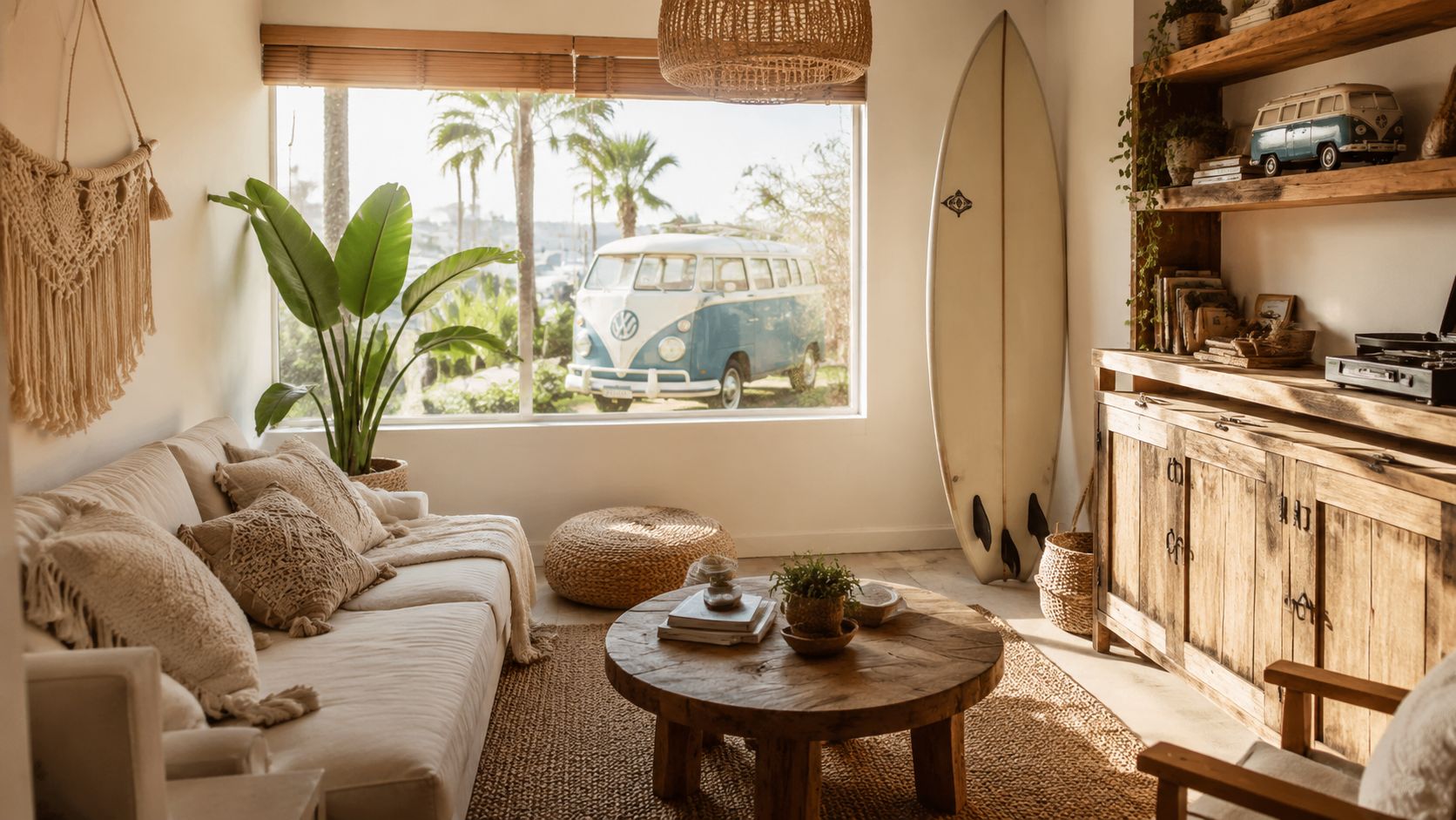 A cozy bohemian chic living room featuring a surfboard, light wood furniture, and a vintage Volkswagen van.