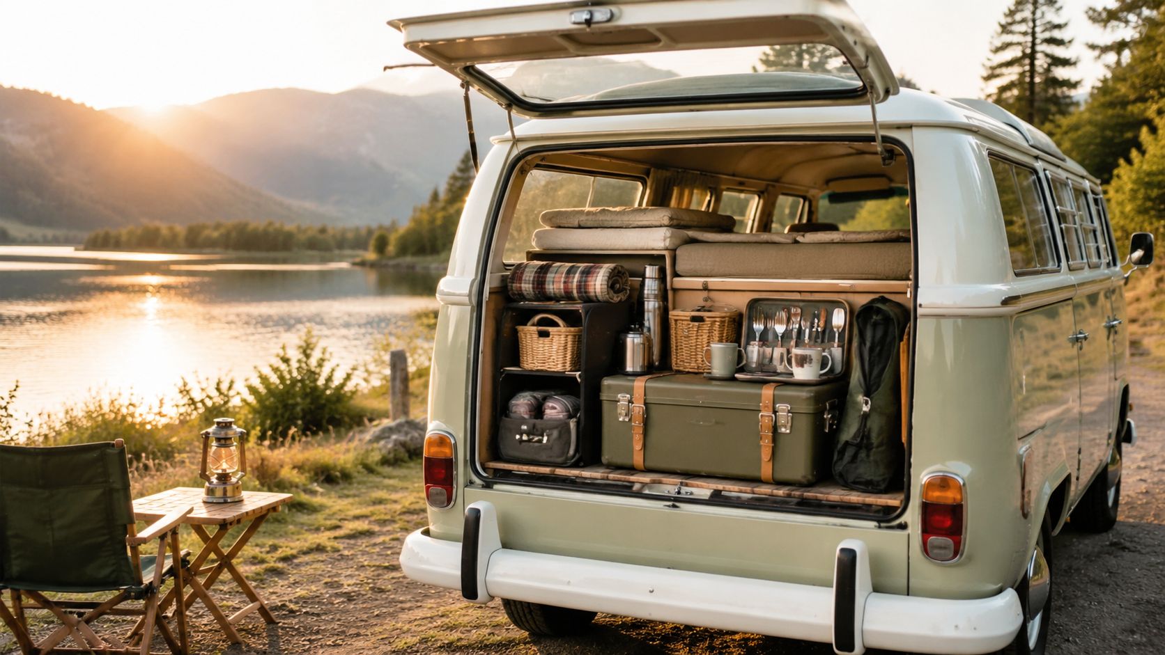 A vintage green camper van parked by a serene lake at sunset, featuring a curated camping utensil set.