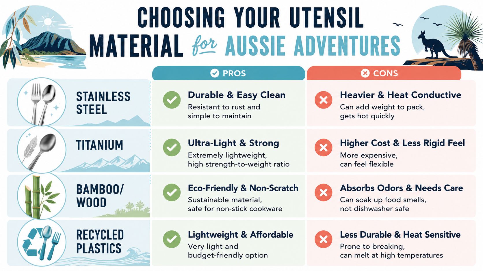 A comparison chart outlining the pros and cons of different camping utensil materials including stainless steel, titanium, bamboo, and plastic.