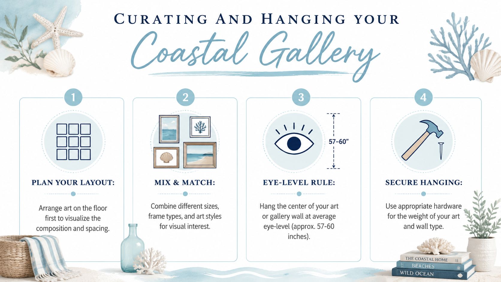 A four-step infographic guide on how to curate and hang a coastal themed gallery wall.