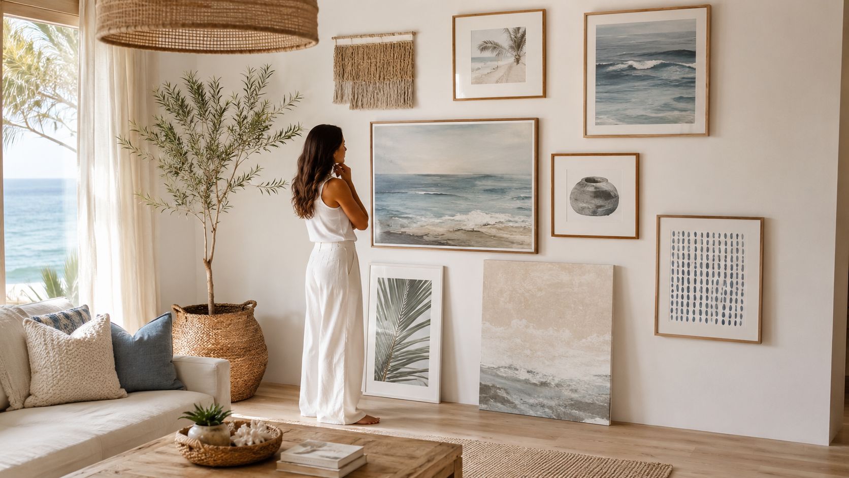 A woman admiring a coastal-themed gallery wall featuring landscape art and neutral decor in a beach house.