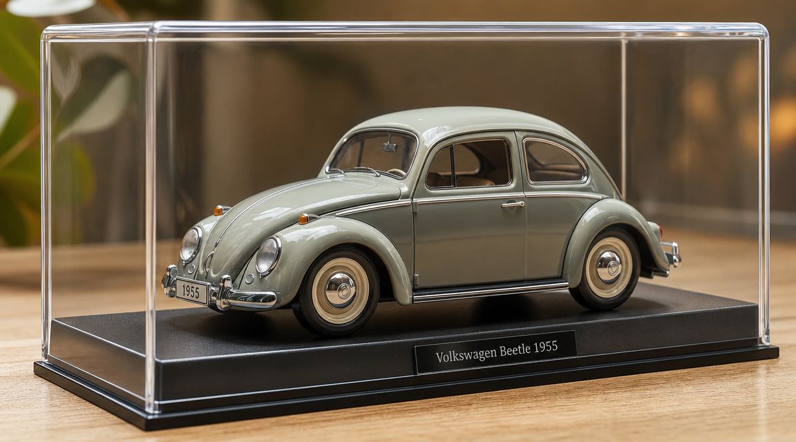 A 1955 Volkswagen Beetle die-cast model car displayed inside a protective clear plastic case on a wooden surface.