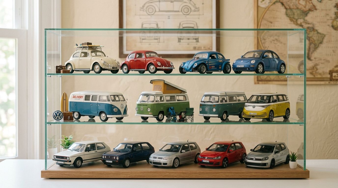 A glass display case containing a collection of miniature Volkswagen toy cars on three different shelves.