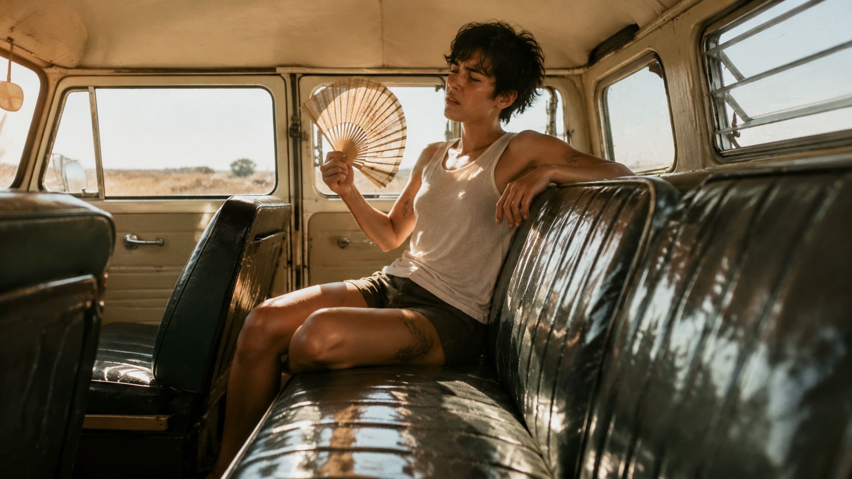 A person with short hair sitting in a vintage van holding a small handheld folding paper fan.