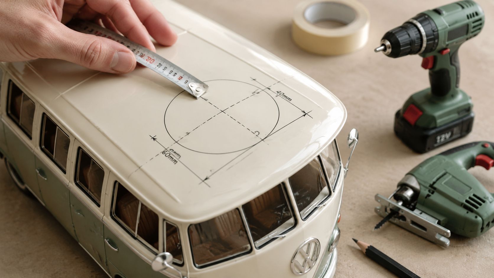 A person measuring a circle drawn on the roof of a vintage Volkswagen bus toy model.