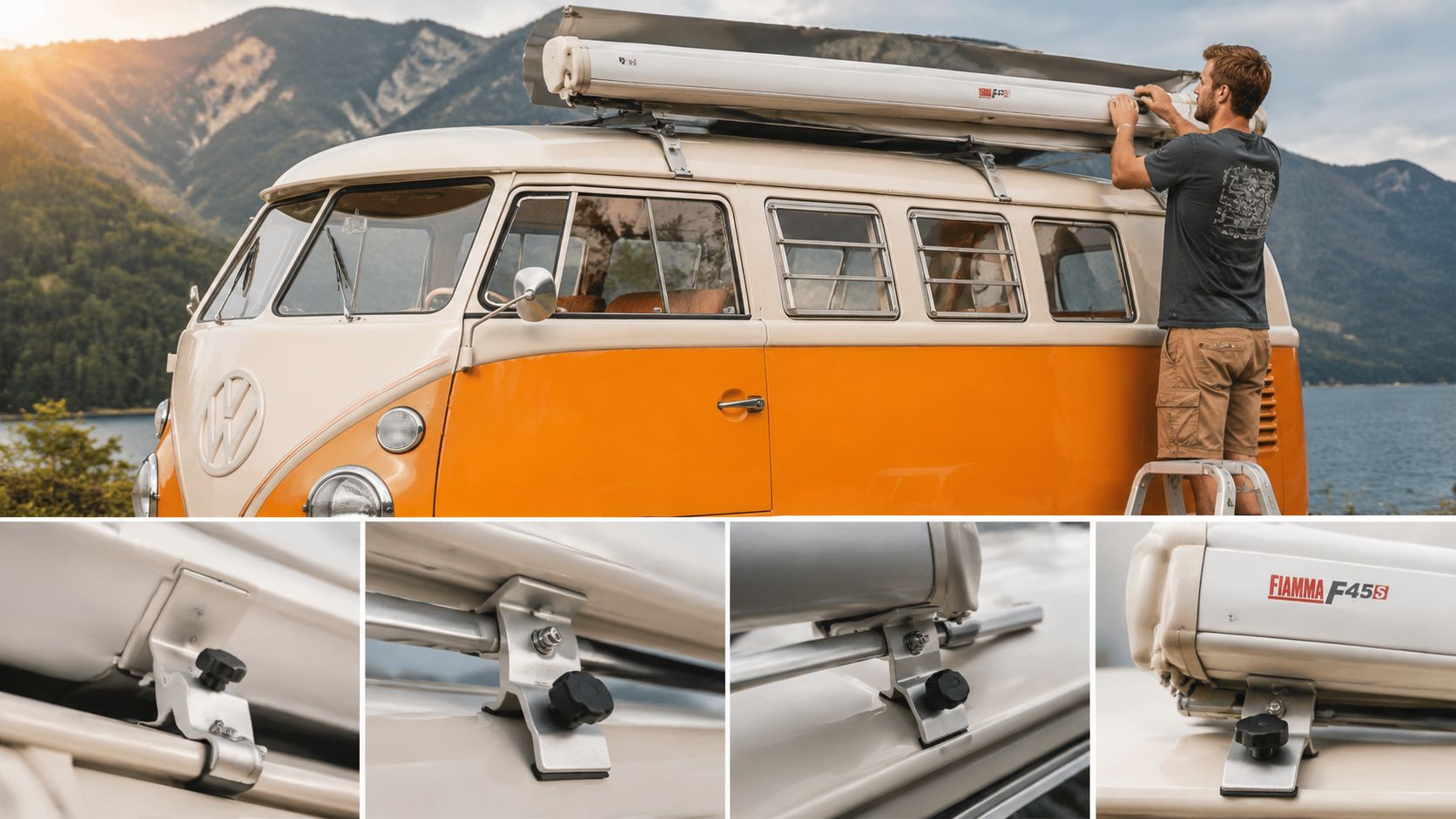 A man installs a Fiamma F45S awning on a vintage orange and white Volkswagen bus by a lake.