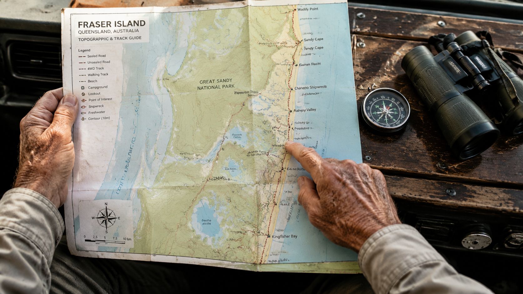 An elderly man pointing at a map of Fraser Island while planning a trip in a vehicle.
